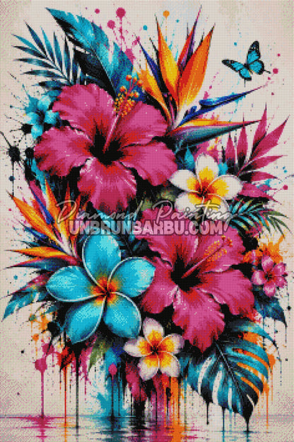 Layout Diamond Painting Explosion de Fleurs Tropicales montrant le rendu complet des diamants sur la toile