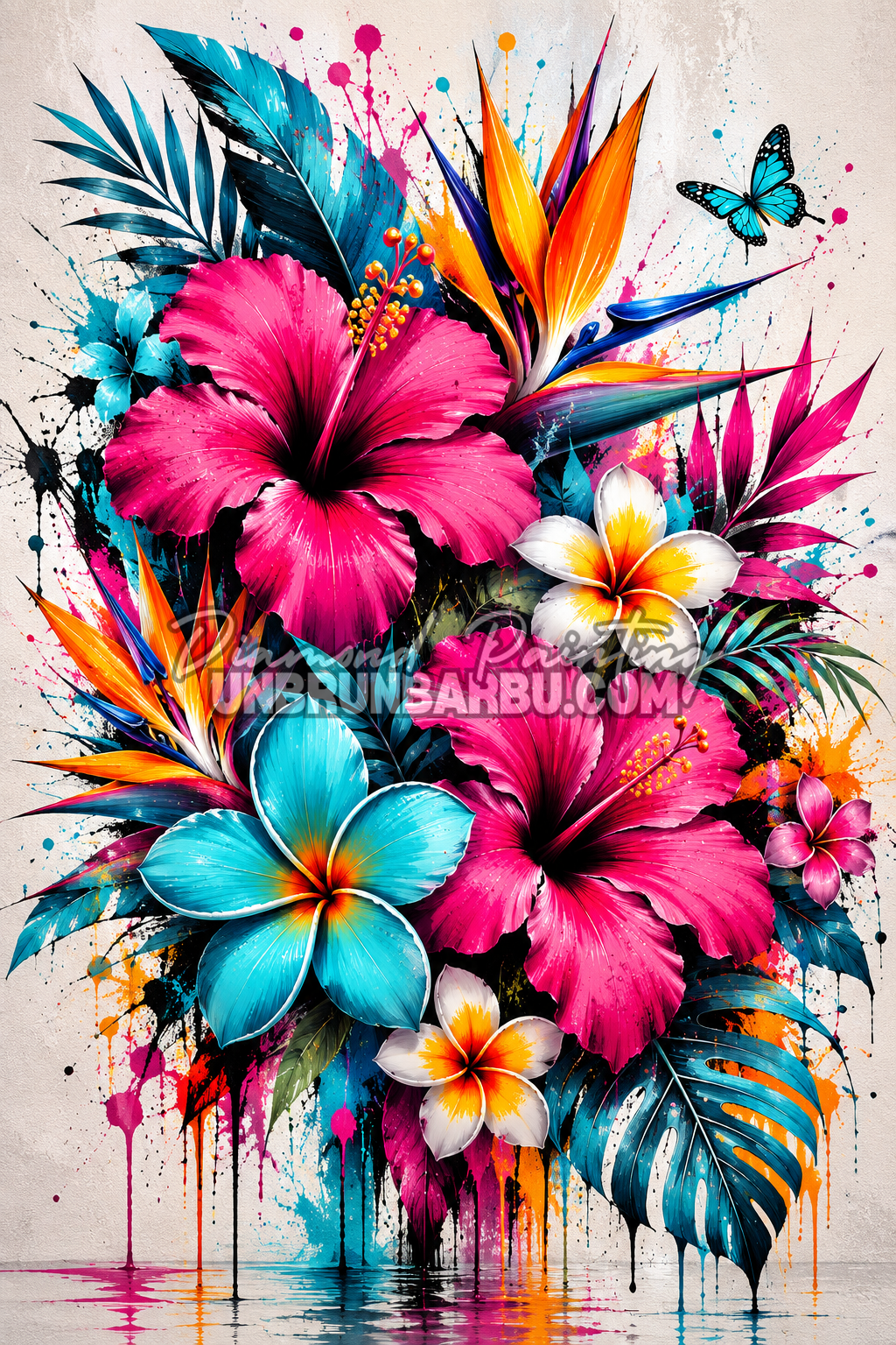 Diamond Painting Explosion de Fleurs Tropicales 60x90 cm avec hibiscus roses, oiseaux du paradis et fleurs exotiques colorées