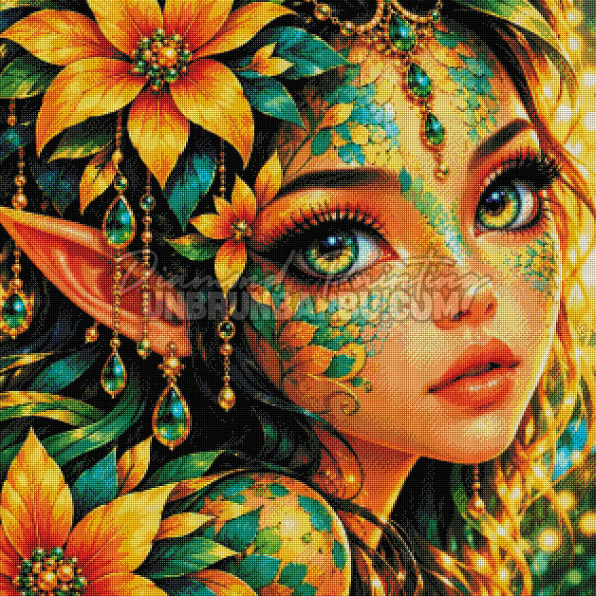 Rendu diamante du Diamond Painting Fee d Or et d Emeraude 80x80 cm avec portrait feerique et pierres vertes