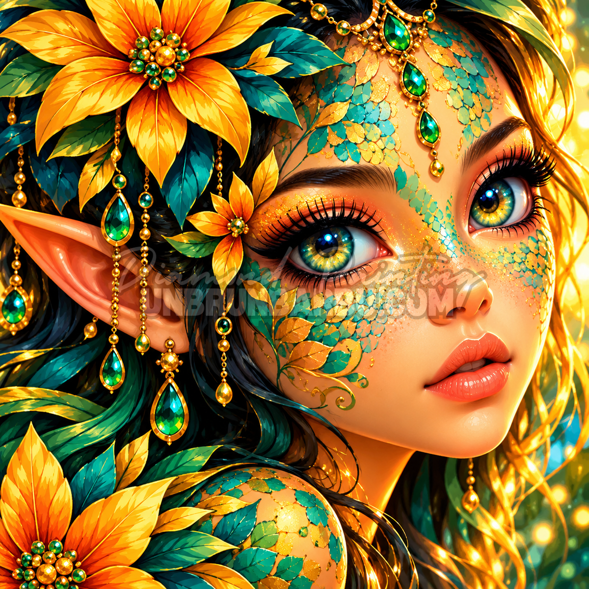 Diamond Painting Fee d Or et d Emeraude 80x80 cm avec yeux verts, fleurs orange et bijoux dores