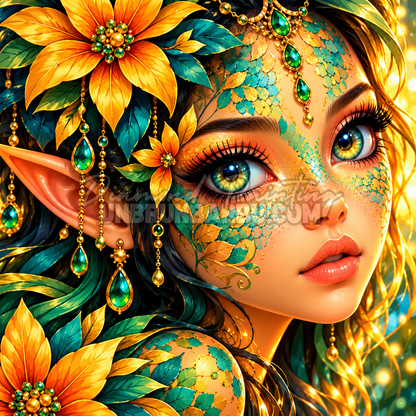 Diamond Painting Fee d Or et d Emeraude 80x80 cm avec yeux verts, fleurs orange et bijoux dores
