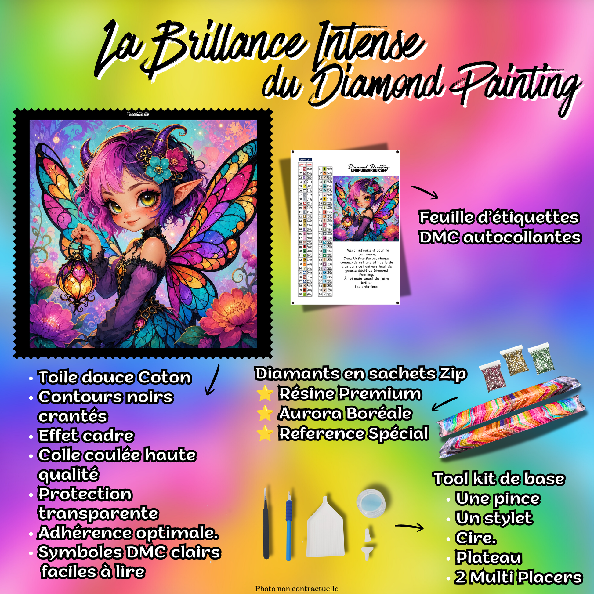 Kit premium Diamond Painting Fée des Lanternes Magiques avec toile coton, diamants en sachets zip, étiquettes DMC et accessoires