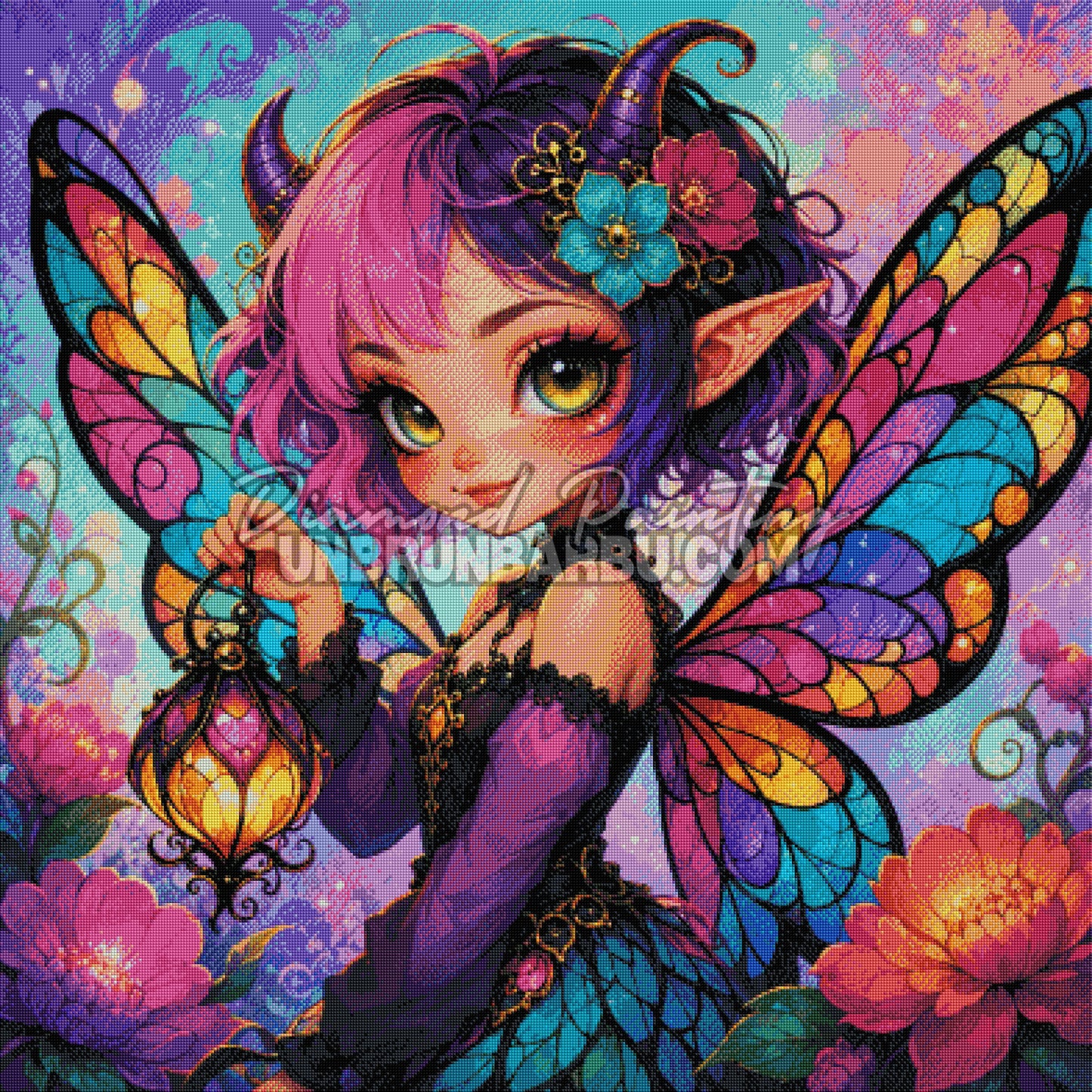 Layout Diamond Painting Fée des Lanternes Magiques 100x100 cm avec aperçu diamanté de la fée, des ailes et de la lanterne