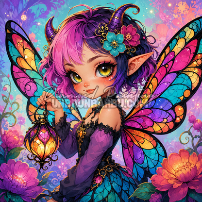 Diamond Painting Fée des Lanternes Magiques 100x100 cm avec fée colorée, ailes lumineuses, lanterne magique et fleurs