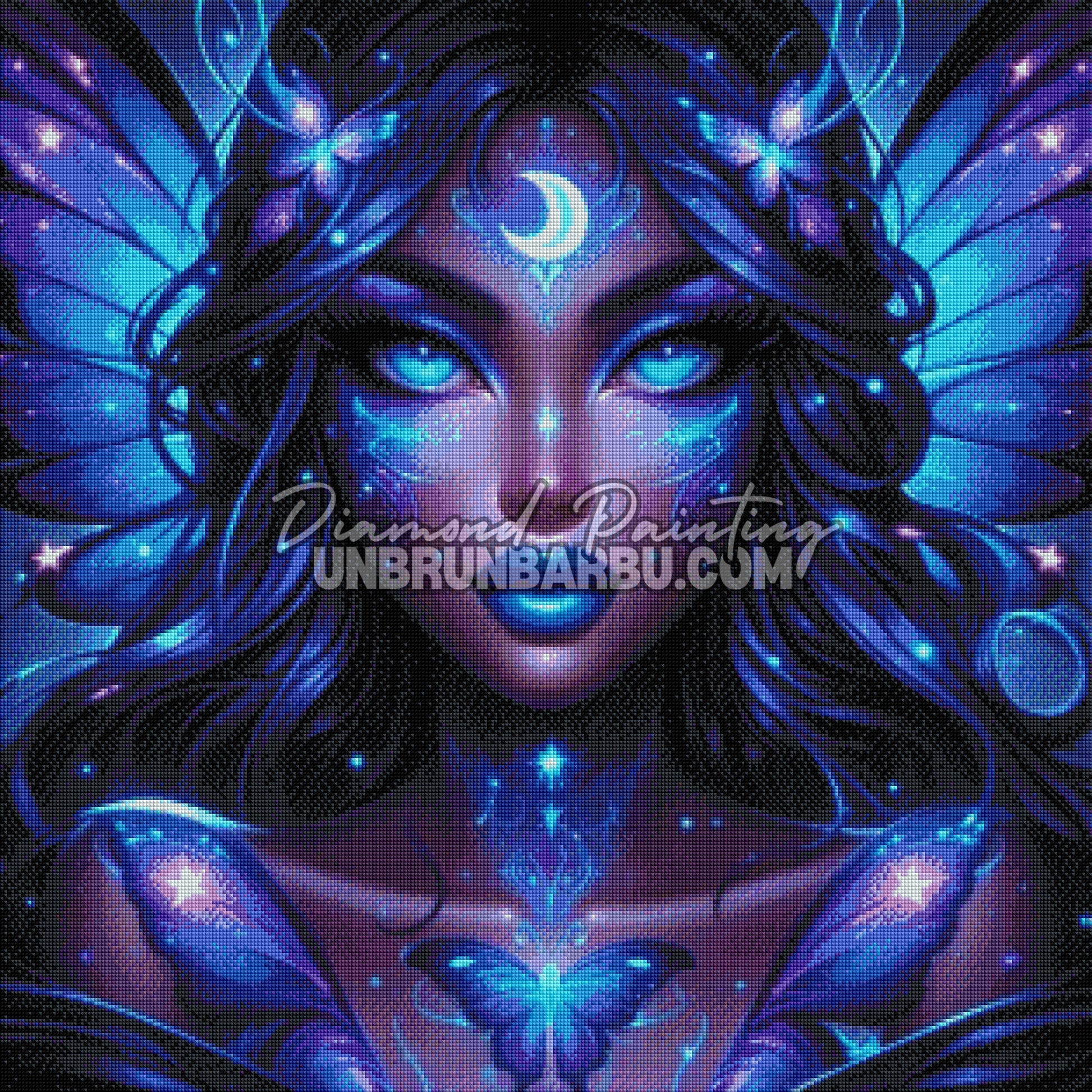 diamond painting fee lunaire rendu diamants effet lumineux bleu violet