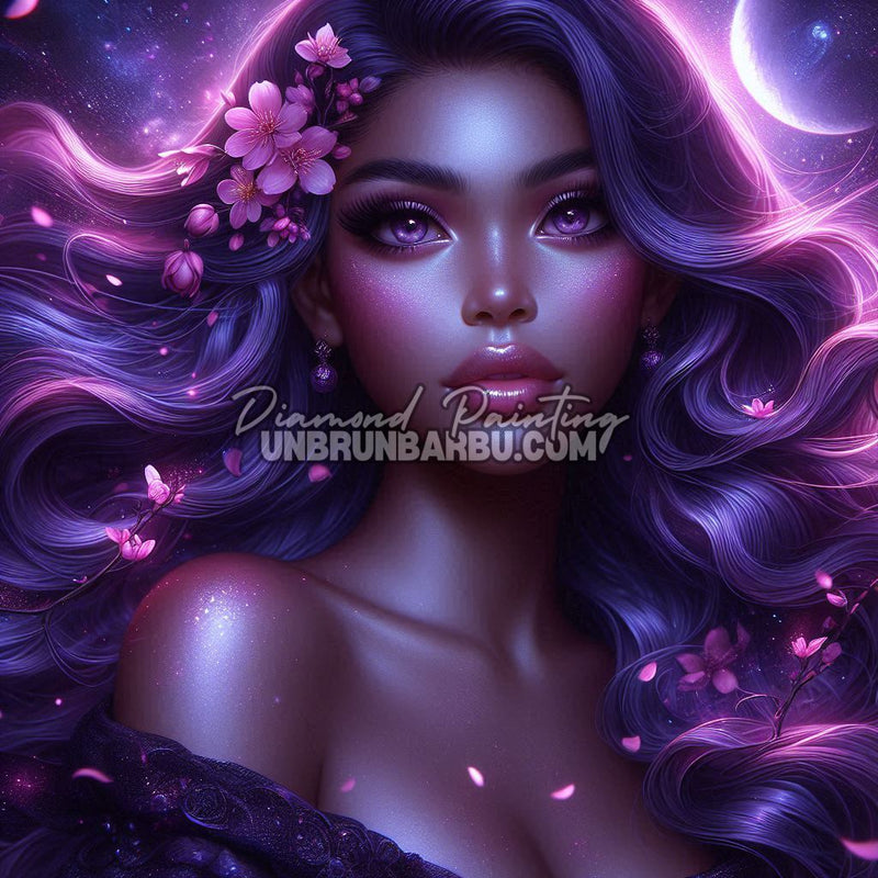 illustration diamond painting femme cosmique violet regard intense