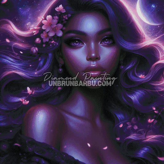 rendu diamond painting portrait galaxie lumineux violet