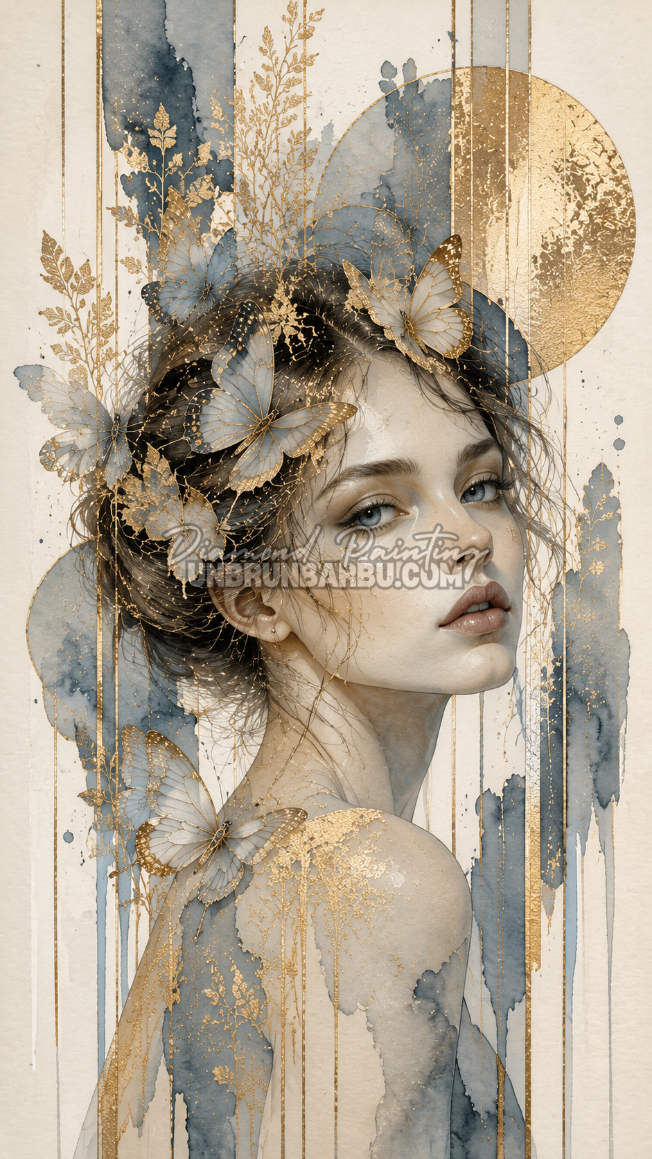 Diamond Painting Femme Douceur de l’Or 60x110 cm avec portrait féminin, papillons bleu gris et détails dorés