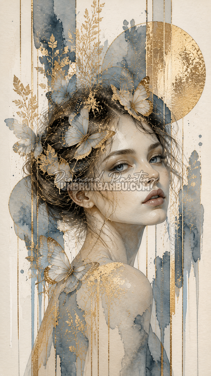 Diamond Painting Femme Douceur de l’Or 60x110 cm avec portrait féminin, papillons bleu gris et détails dorés