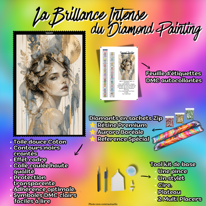 Kit complet Diamond Painting Femme Douceur de l’Or 60x110 cm avec toile coton, diamants Premium et accessoires