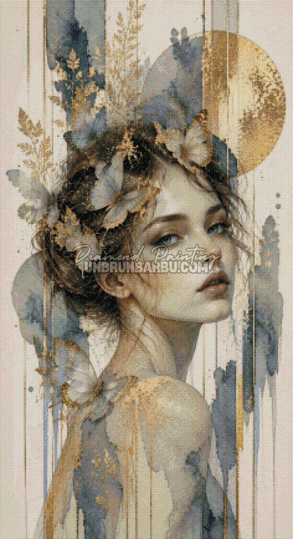 Rendu diamanté du portrait Femme Douceur de l’Or avec papillons, aquarelle bleu gris et touches dorées