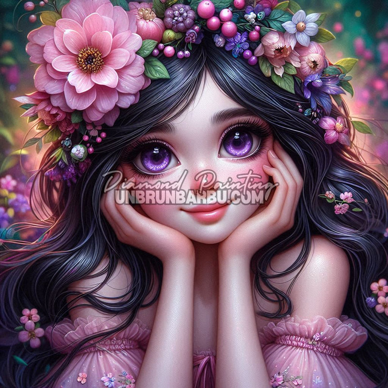 illustration diamond painting femme fleurs yeux violet