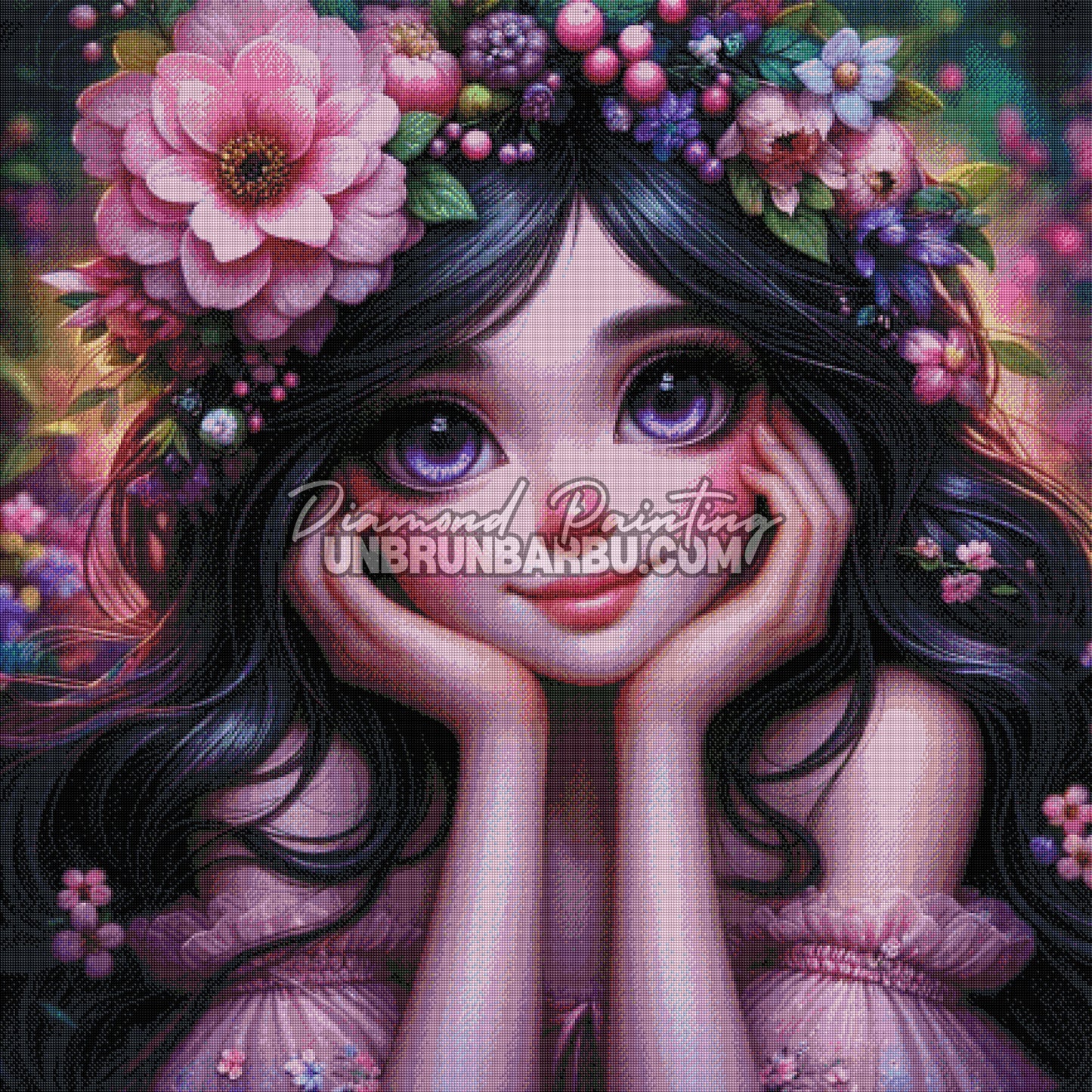rendu diamond painting portrait floral pastel lumineux