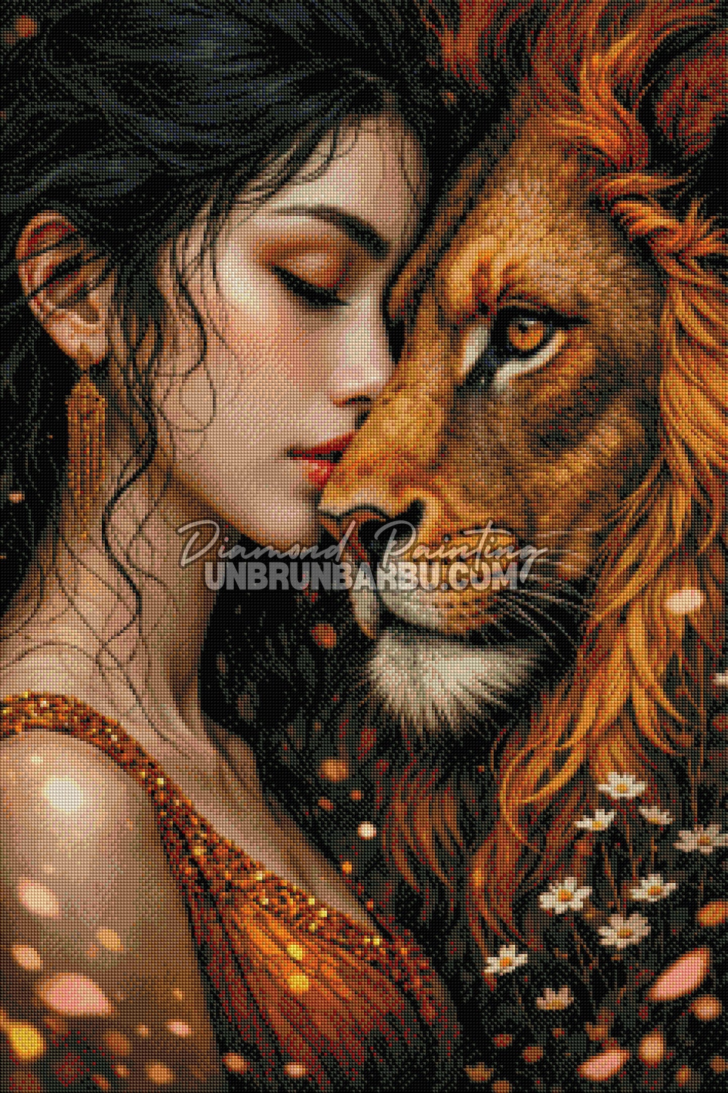 rendu diamond painting femme lion effet brillant réaliste