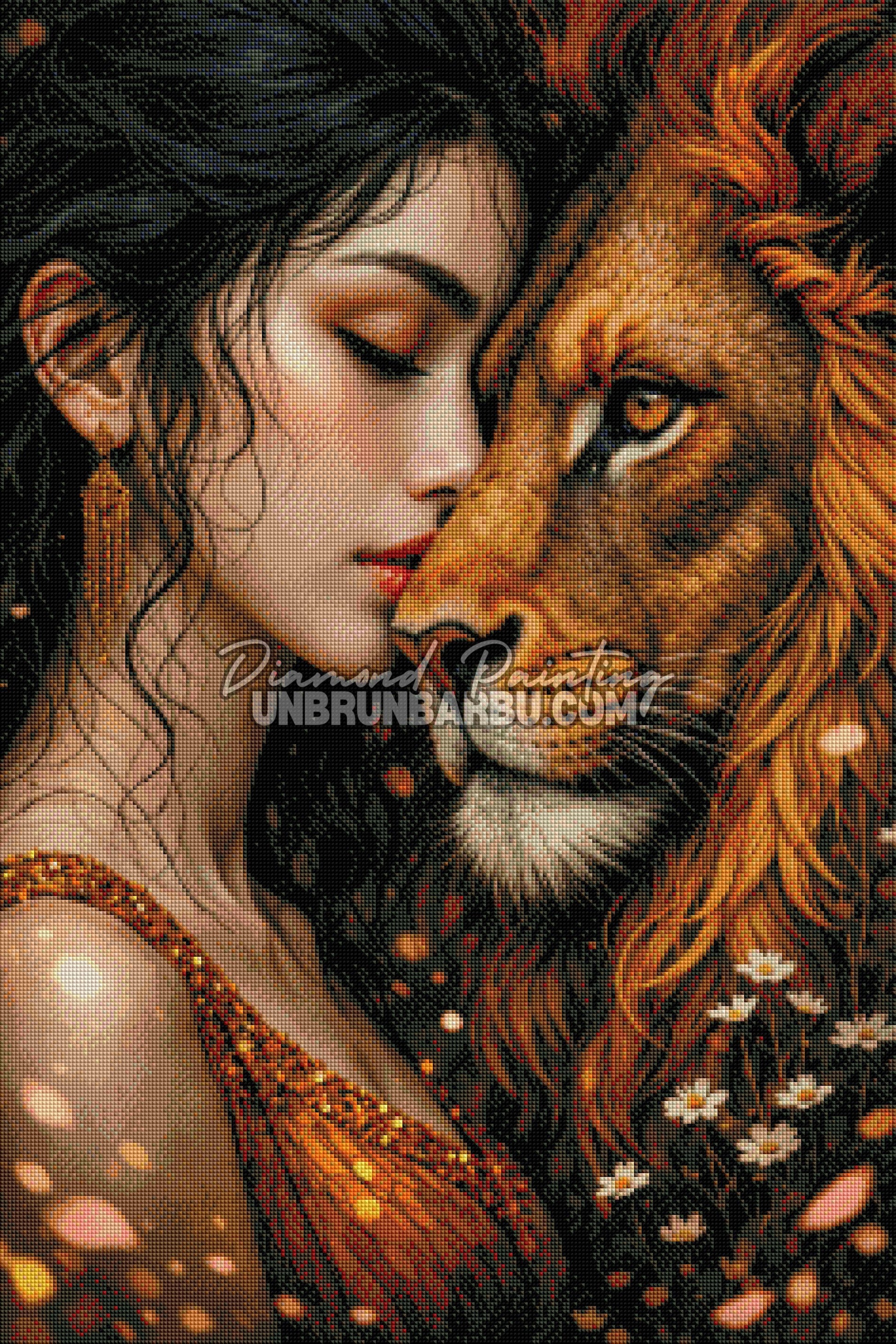 rendu diamond painting femme lion effet brillant réaliste