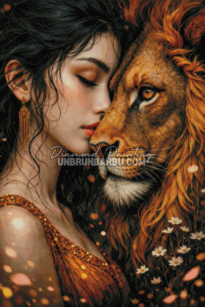 rendu diamond painting femme lion effet brillant réaliste