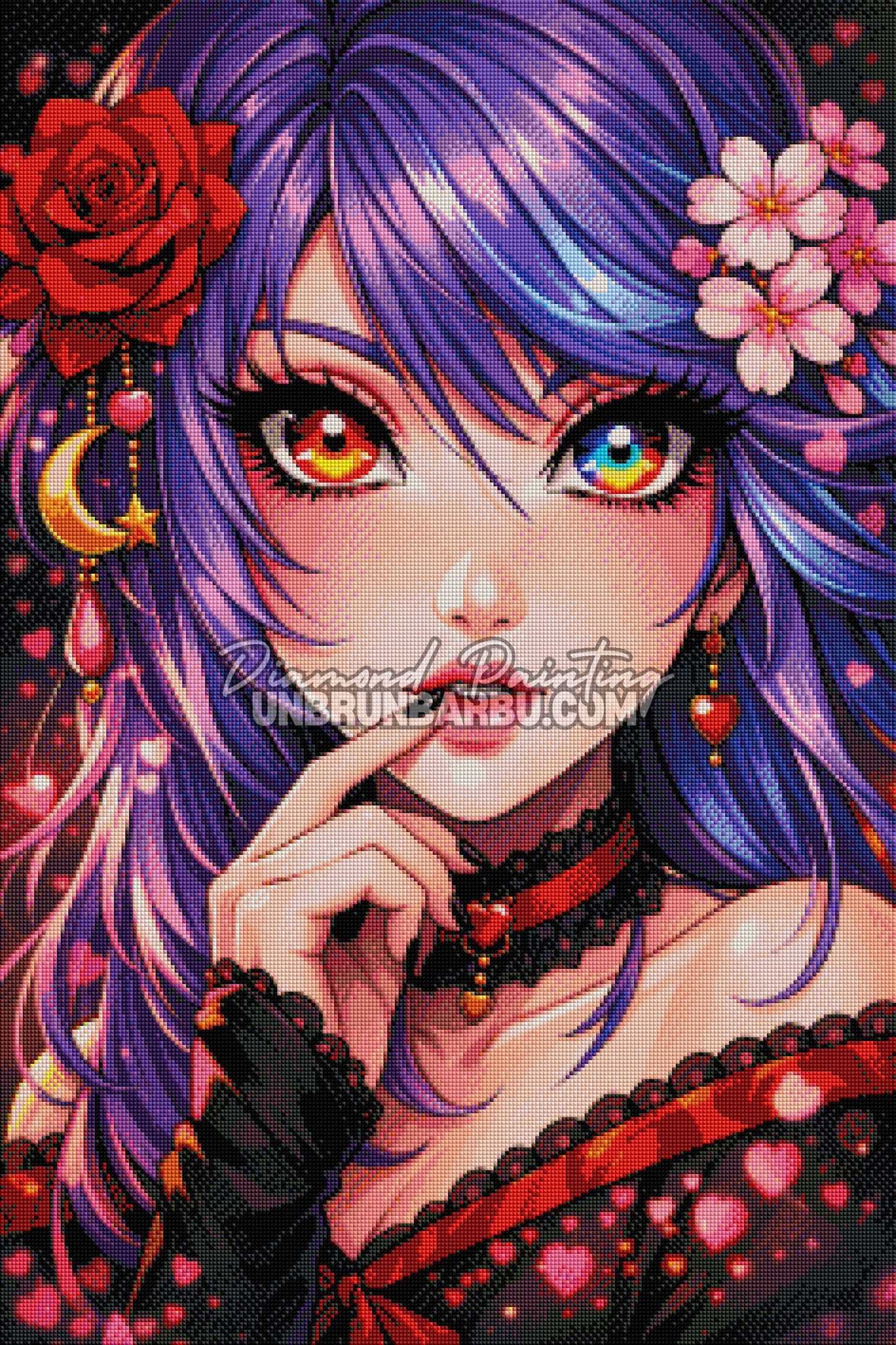 rendu diamond painting femme anime effet brillant