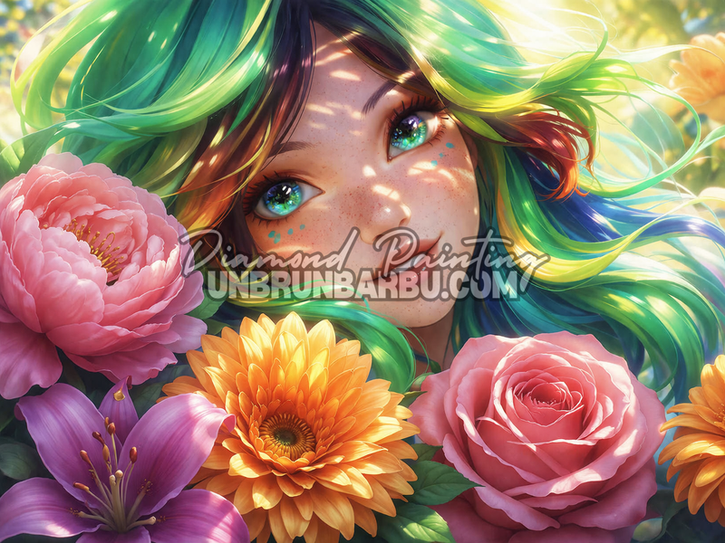 illustration diamond painting femme nature coloree fleurs