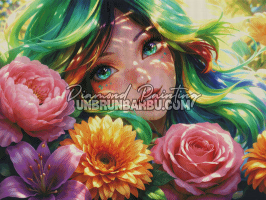 rendu diamond painting portrait femme fleurs diamants