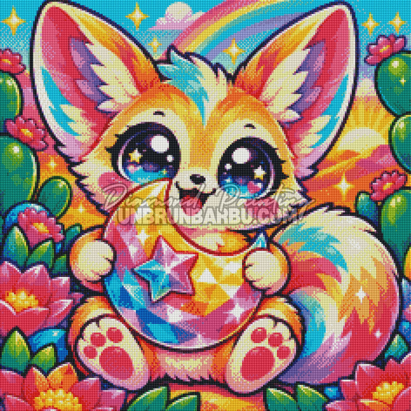 Rendu diamanté du Diamond Painting Le Fennec à la Lune Précieuse 60x60 cm en cristaux multicolores