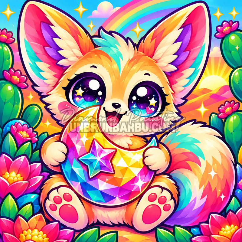 Diamond Painting Le Fennec à la Lune Précieuse 60x60 cm en cristaux avec cactus fleuris et arc-en-ciel