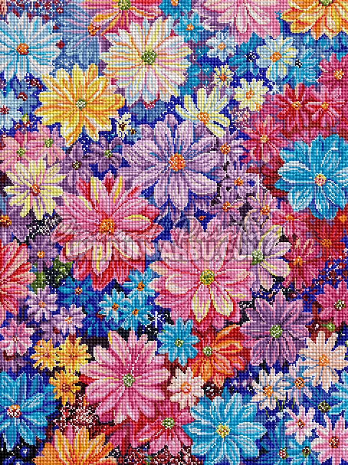 Rendu diamanté du Festival des Fleurs 60x80 cm avec composition florale multicolore et pétales lumineux