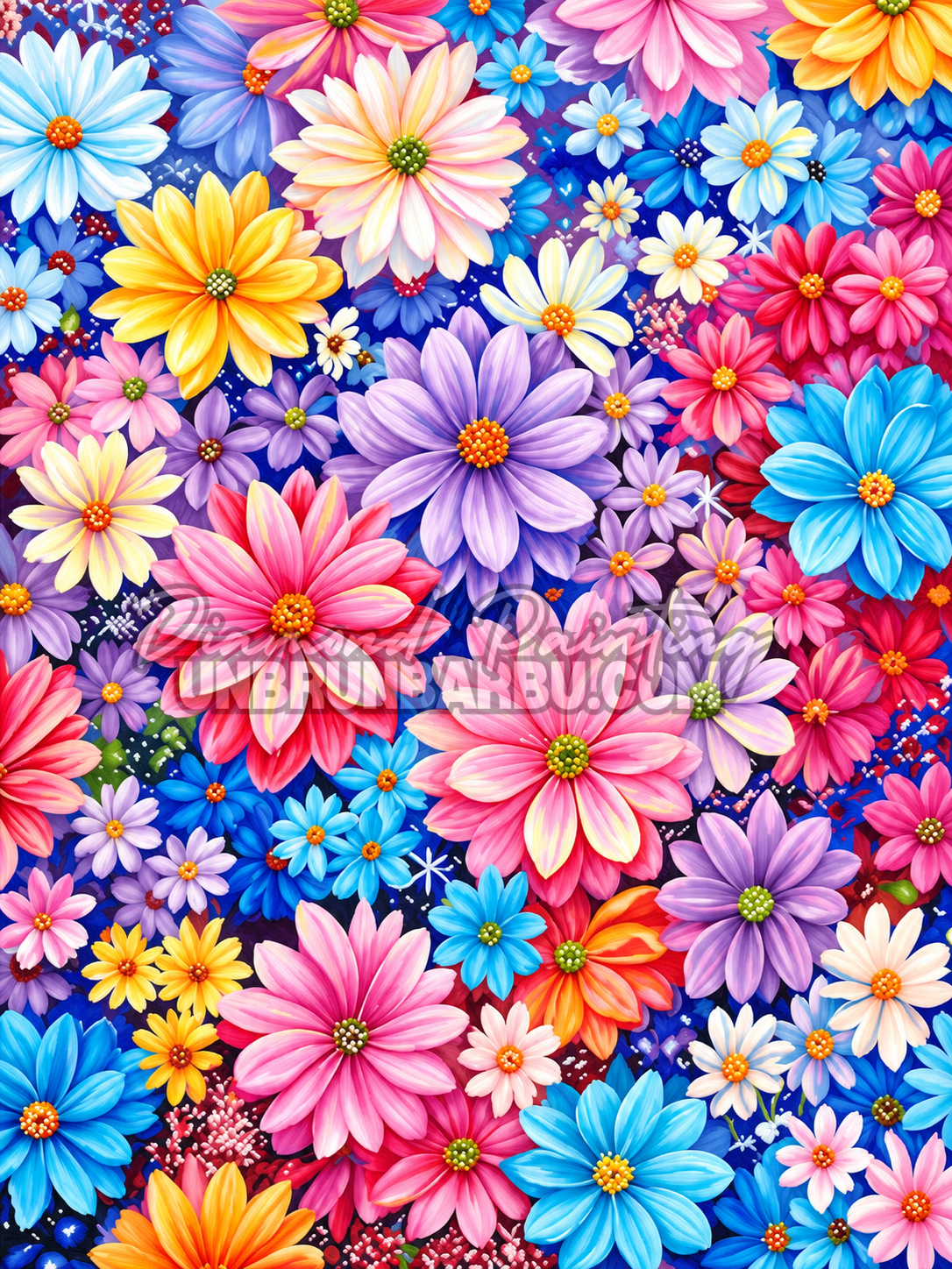 Diamond Painting Festival des Fleurs 60x80 cm avec grandes fleurs roses, bleues, jaunes et violettes