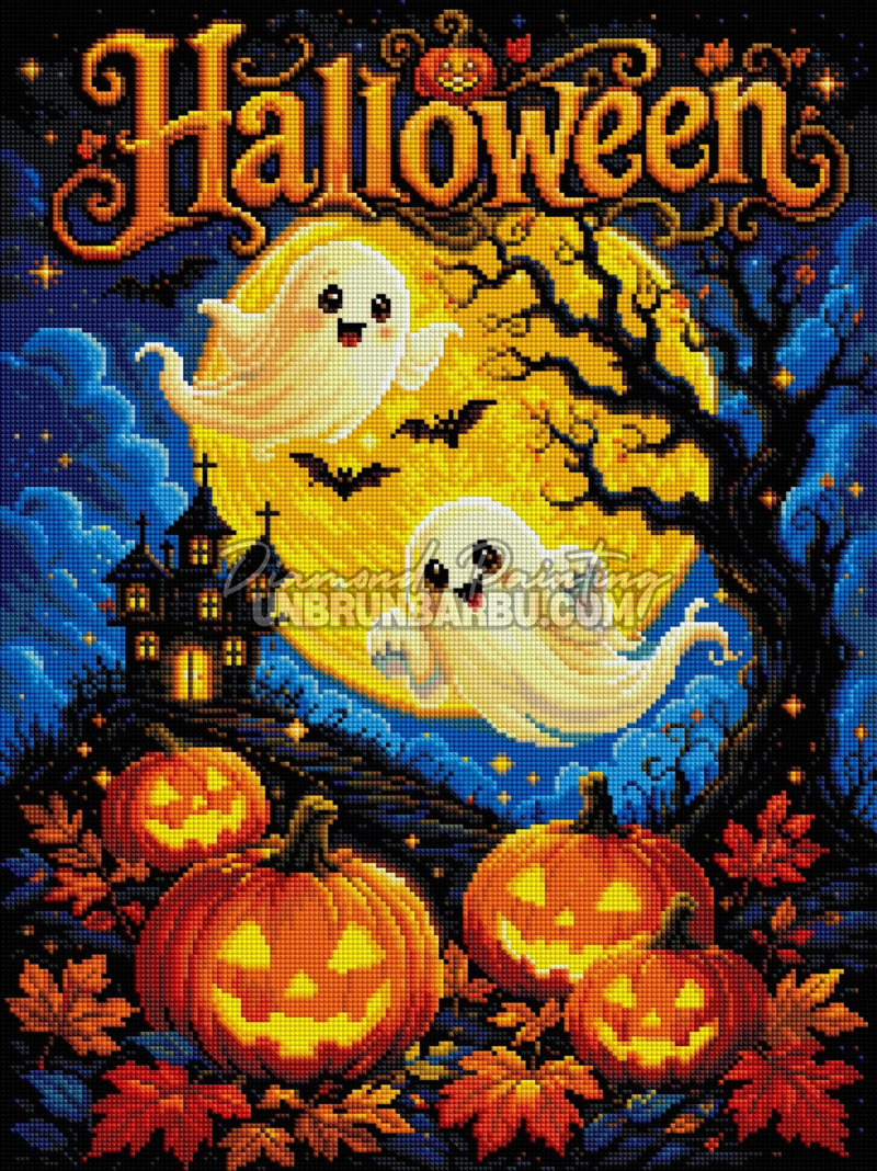 Rendu diamanté du Diamond Painting Fête des Fantômes 45x60 cm avec fantômes kawaii et citrouilles
