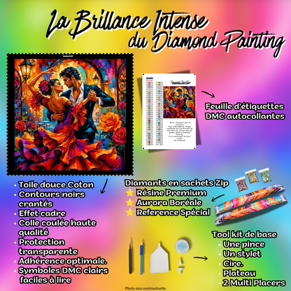 Kit premium Diamond Painting Flamenco en Fleurs avec toile coton, diamants en sachets zip, étiquettes DMC et accessoires