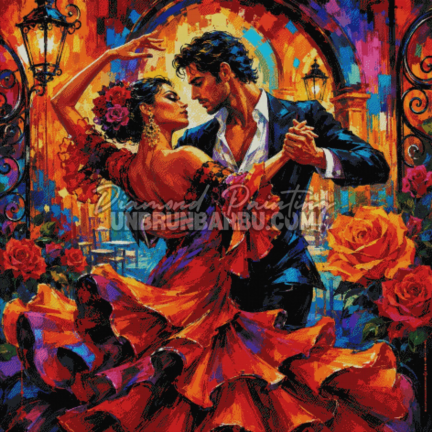 Layout Diamond Painting Flamenco en Fleurs 120x120 cm avec aperçu diamanté du couple de danseurs, de la robe rouge et des roses
