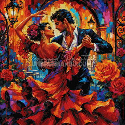 Layout Diamond Painting Flamenco en Fleurs 120x120 cm avec aperçu diamanté du couple de danseurs, de la robe rouge et des roses
