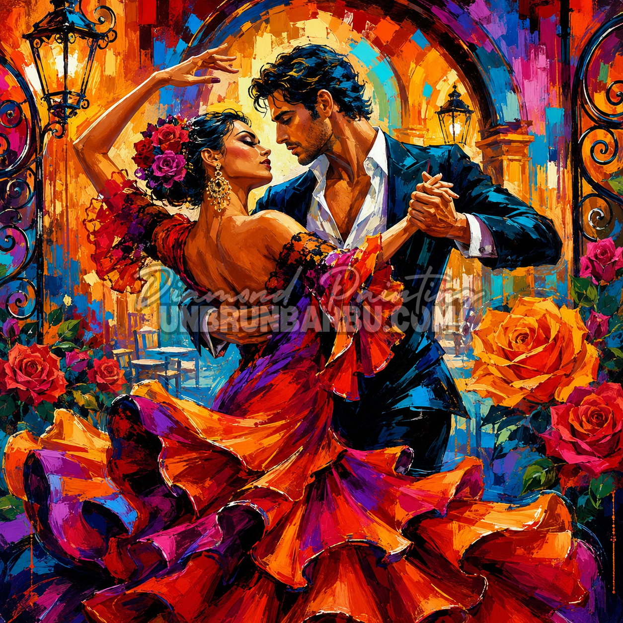 Diamond Painting Flamenco en Fleurs 120x120 cm avec couple de danseurs flamenco, robe rouge, roses, lanternes et décor espagnol coloré