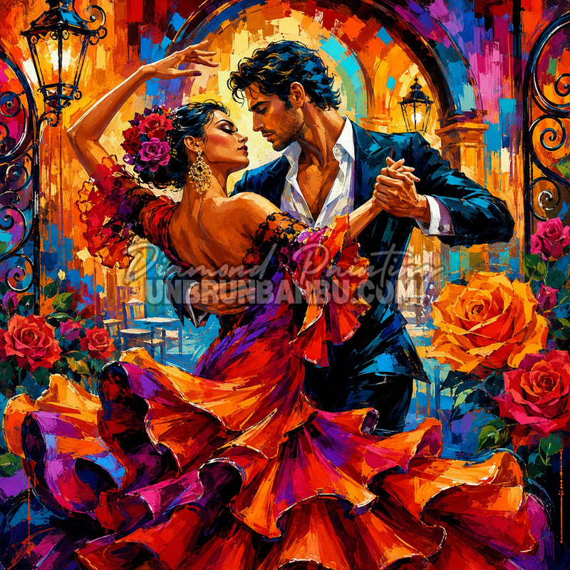 Diamond Painting Flamenco en Fleurs 120x120 cm avec couple de danseurs flamenco, robe rouge, roses, lanternes et décor espagnol coloré