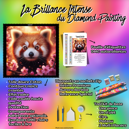kit complet diamond painting fleur et ferocite panda roux 80x80