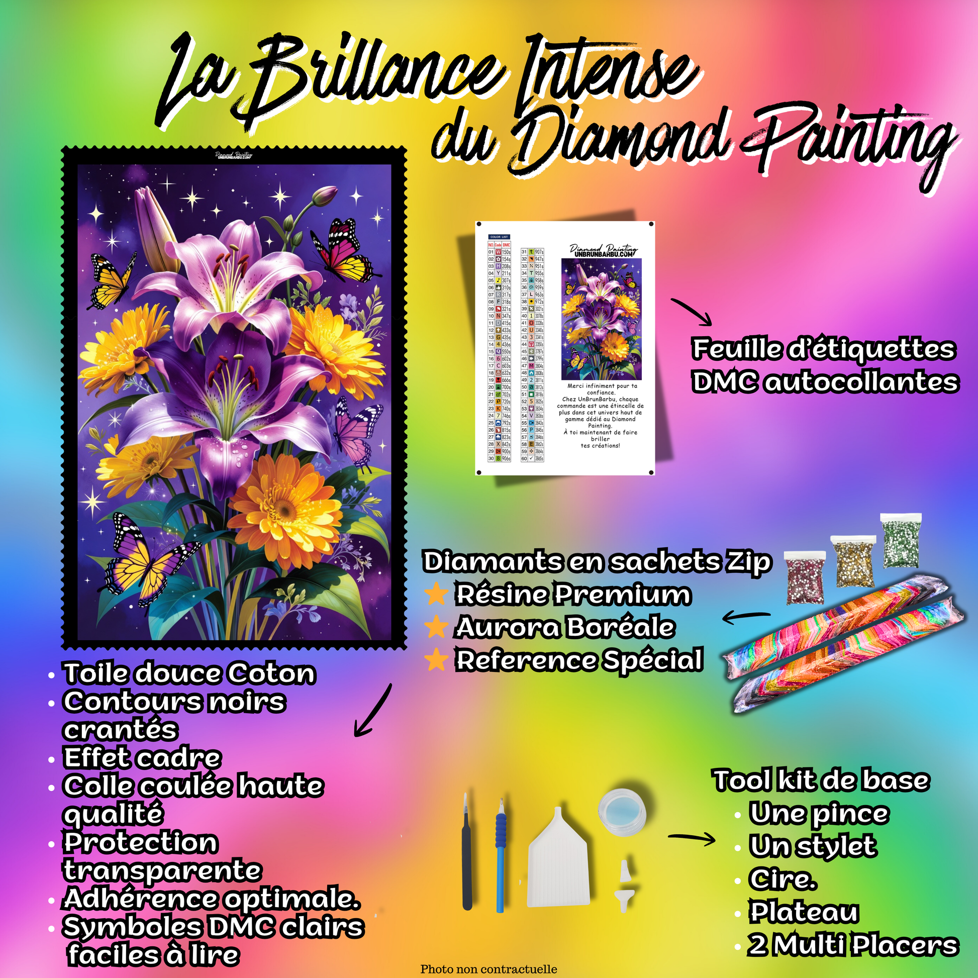 kit complet diamond painting fleurs or et pourpre 60x90