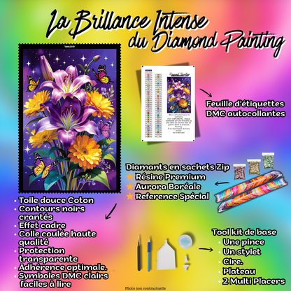 kit complet diamond painting fleurs or et pourpre 60x90