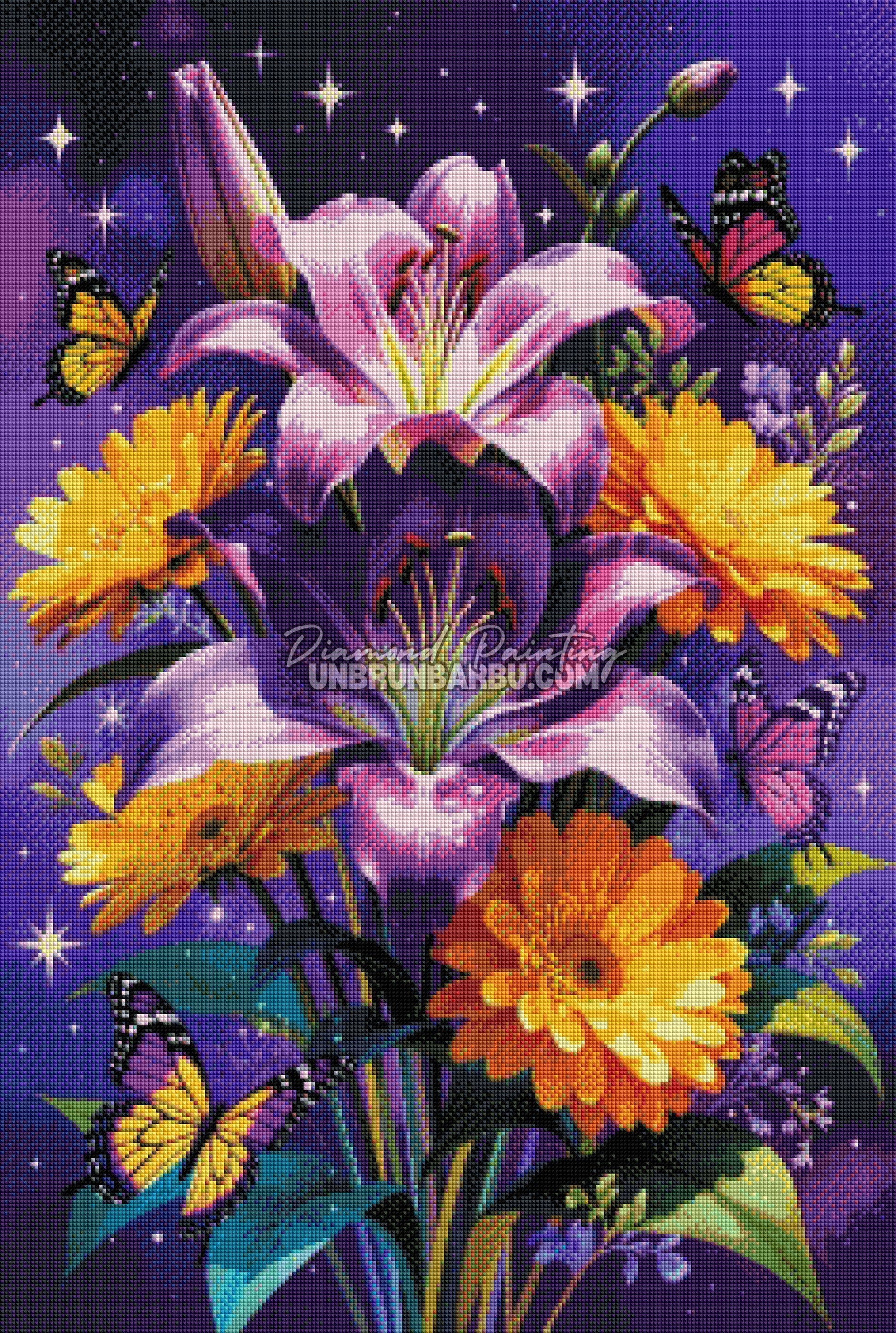 diamond painting fleurs or et pourpre 60x90 rendu diamante