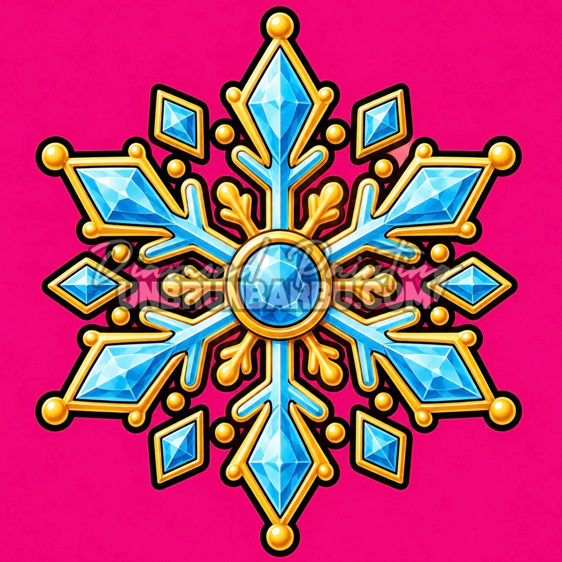 Diamond Painting flocon précieux 30x30 cm avec cristaux bleus et ornements dorés sur fond rose