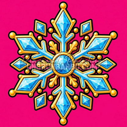 Diamond Painting flocon précieux 30x30 cm avec cristaux bleus et ornements dorés sur fond rose