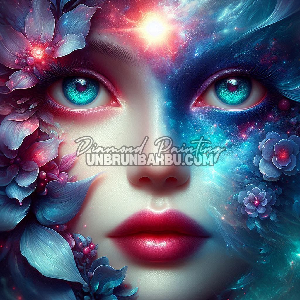 illustration diamond painting visage artistique bleu rose contraste