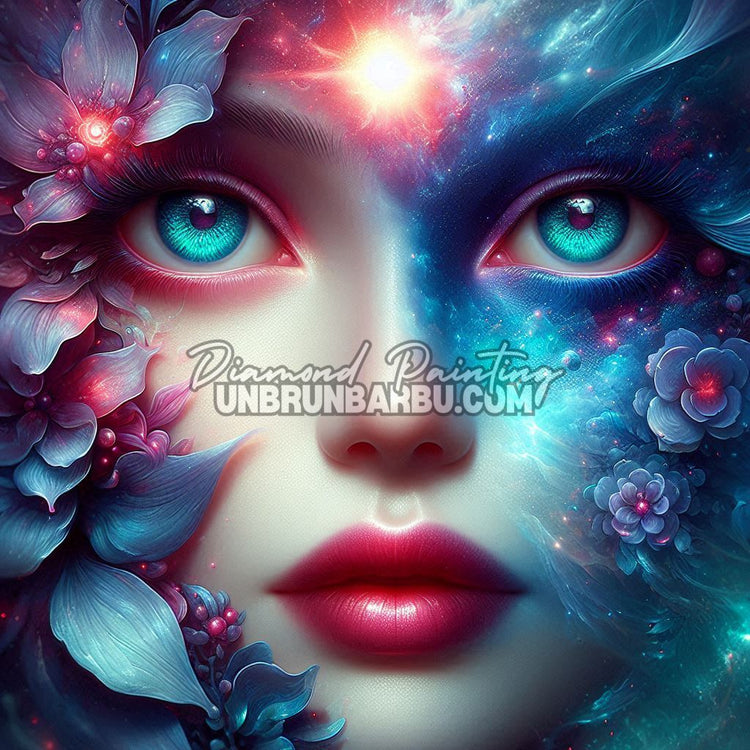 illustration diamond painting visage artistique bleu rose contraste