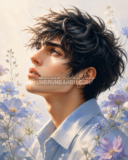 Diamond Painting Garçon aux Fleurs Bleues 80x100 cm portrait masculin entouré de fleurs bleues