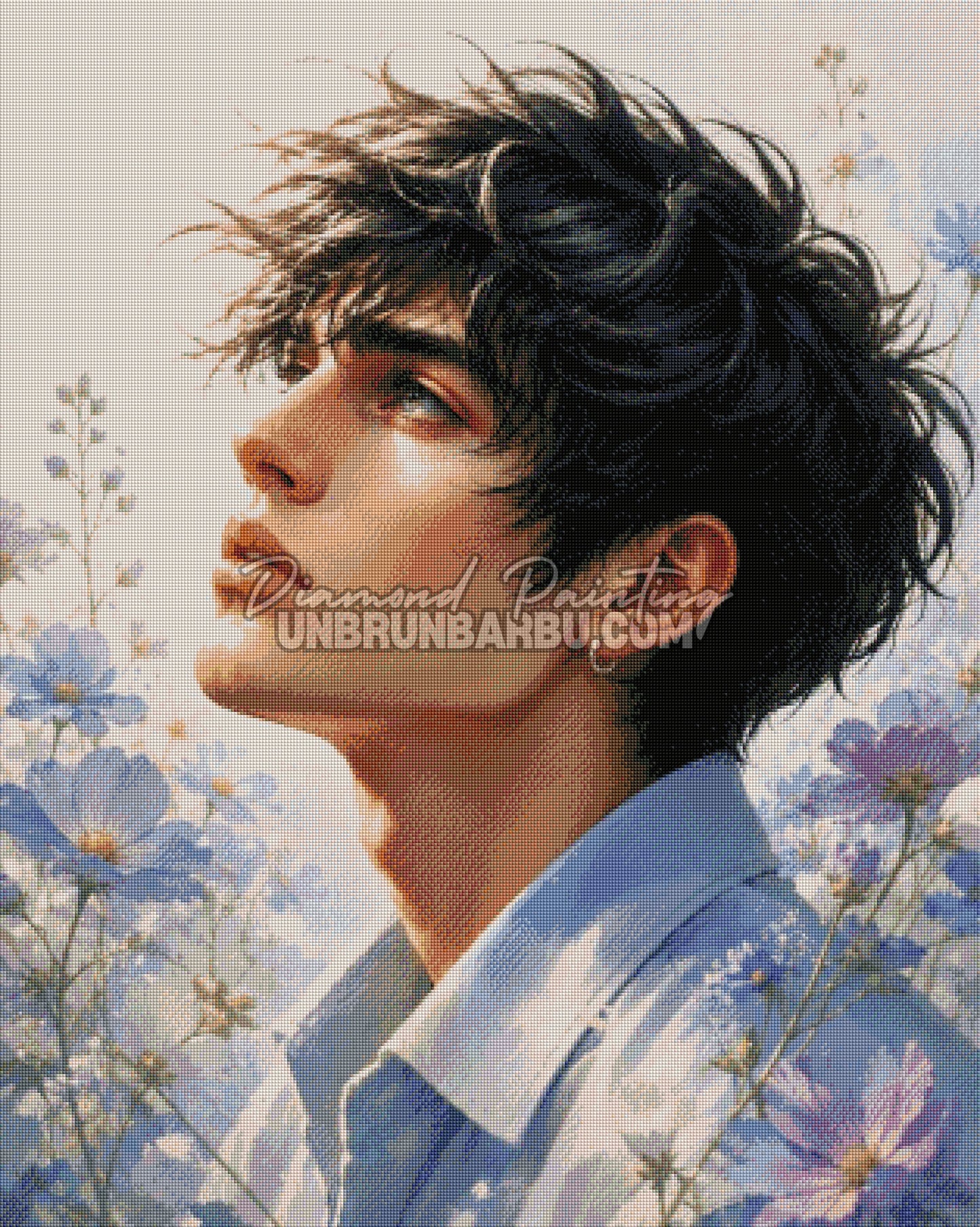 Rendu diamante Diamond Painting Garçon aux Fleurs Bleues 80x100 cm portrait et fleurs pastel