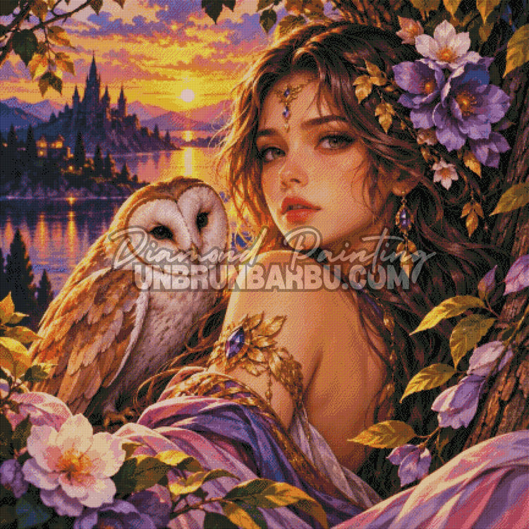 Rendu diamante du Diamond Painting Gardienne au Hibou d Or 110x110 cm avec lac et coucher de soleil