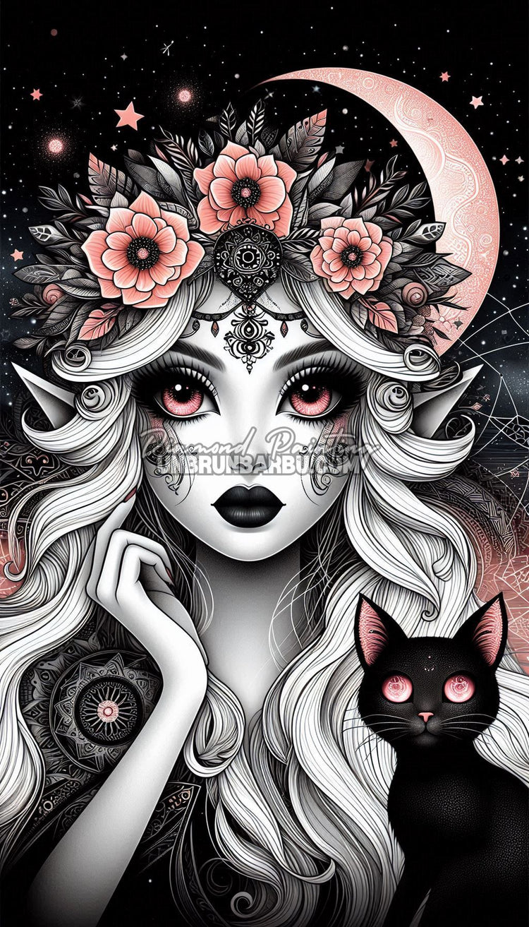Diamond Painting – Gardienne Nocturne et son Chat d’Ombre - 50x90 cm