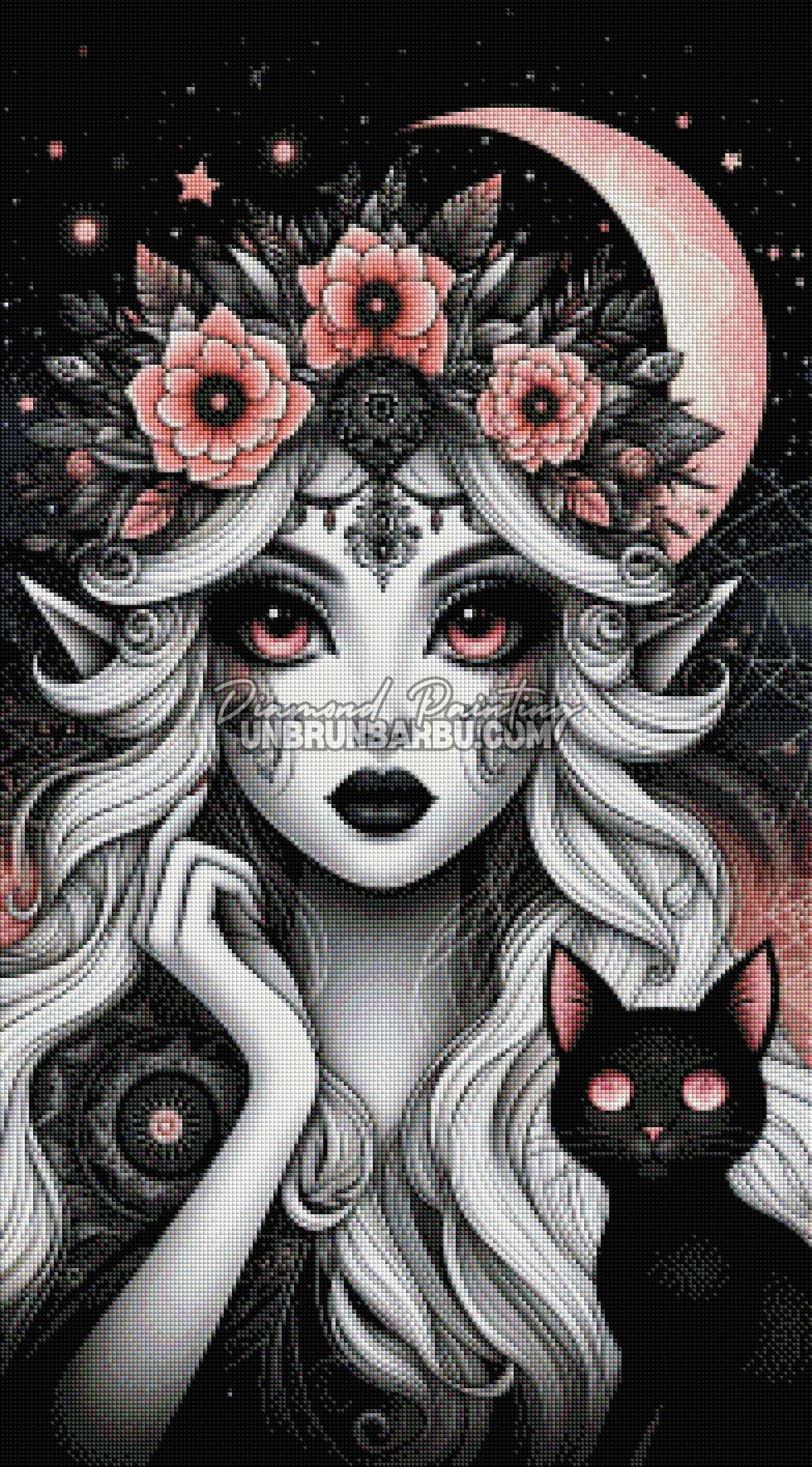 rendu diamond painting femme mystique noir rose