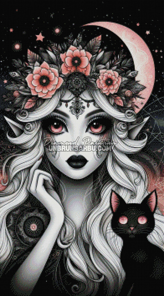 rendu diamond painting femme mystique noir rose