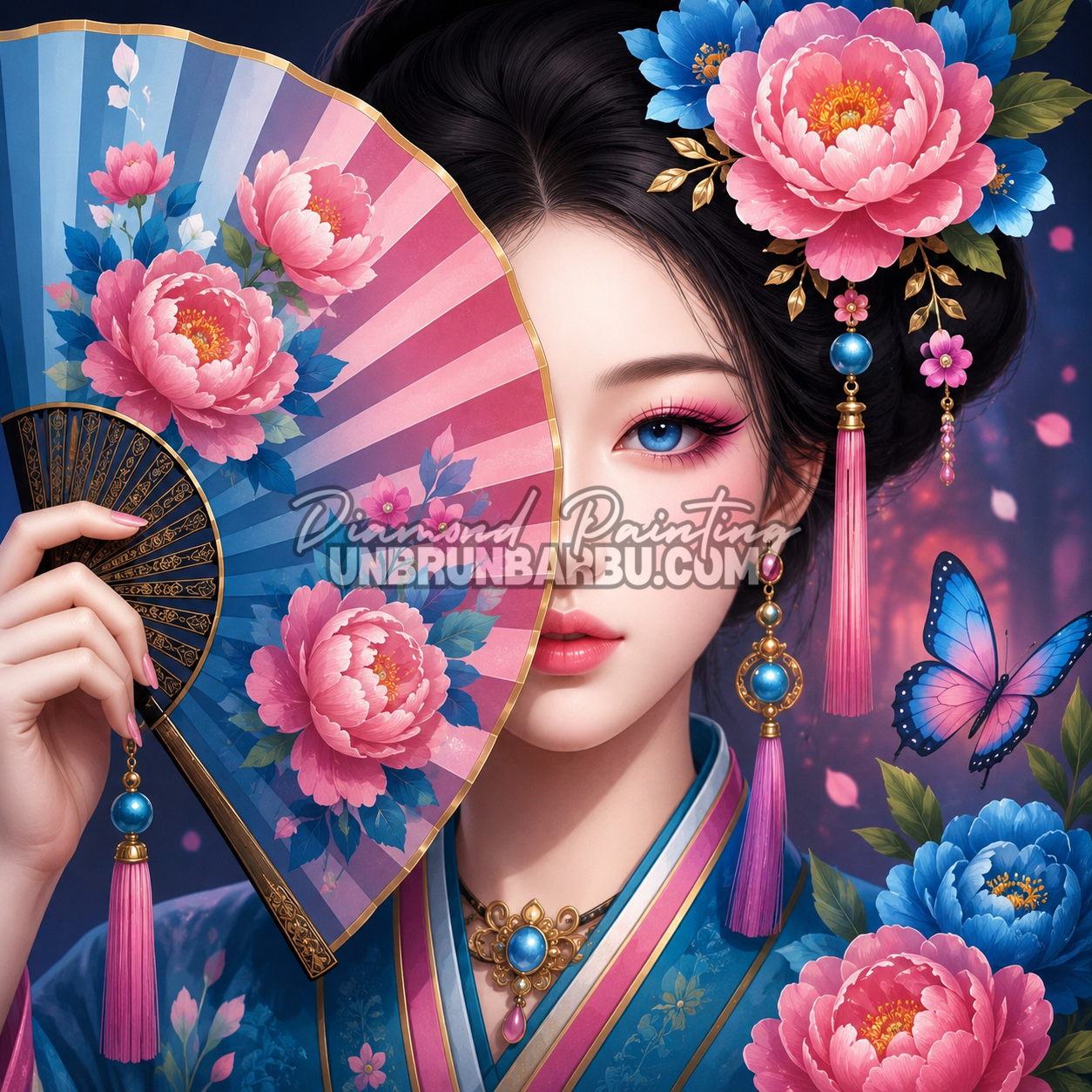 Diamond Painting Geisha aux Pivoines Imperiales 80x80 illustration japonaise