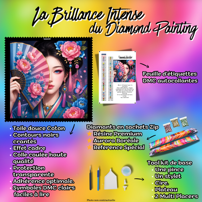 Kit complet Diamond Painting Geisha aux Pivoines Imperiales 80x80 avec accessoires inclus