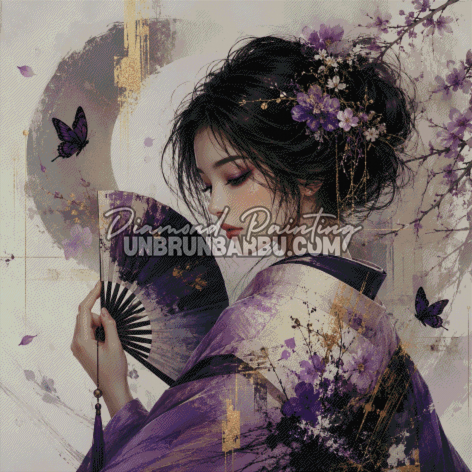 Layout Diamond Painting Geisha des Cerisiers Pourpres avec aperçu diamanté du portrait japonais et des fleurs de sakura